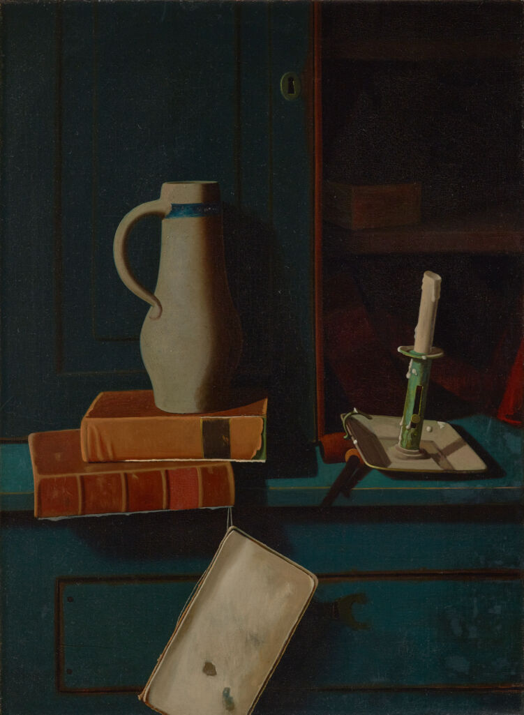 Jug, Books, and Candle on a Cupboard Shelf