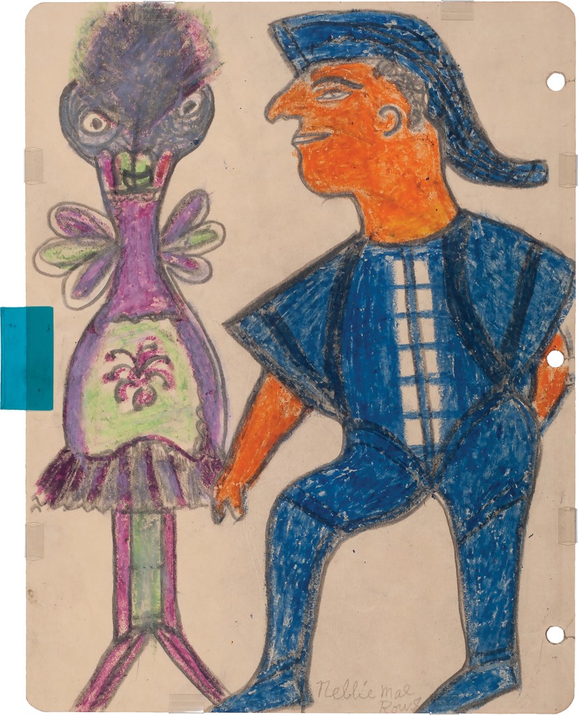 Crayon drawing of a standing, orange-colored figure at right, wearing a blue outfit and looking at a purple and green ghost that resembles a peacock at left.