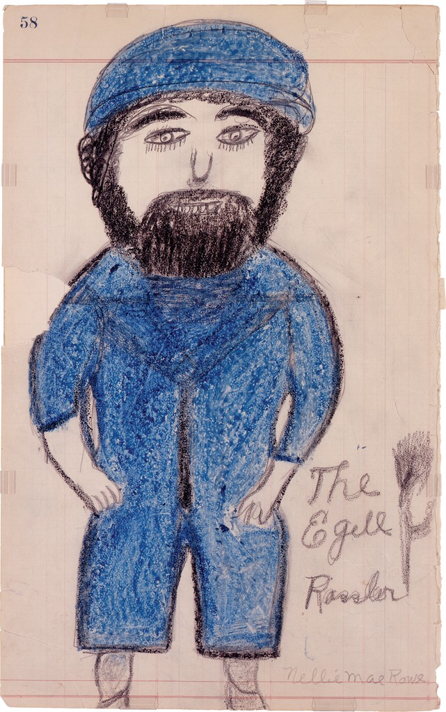 Crayon drawing of full, front-facing figure with a thick, black beard and bright blue jumpsuit and head covering. “The Egell Rassler” is written in graphite in the bottom right corner.