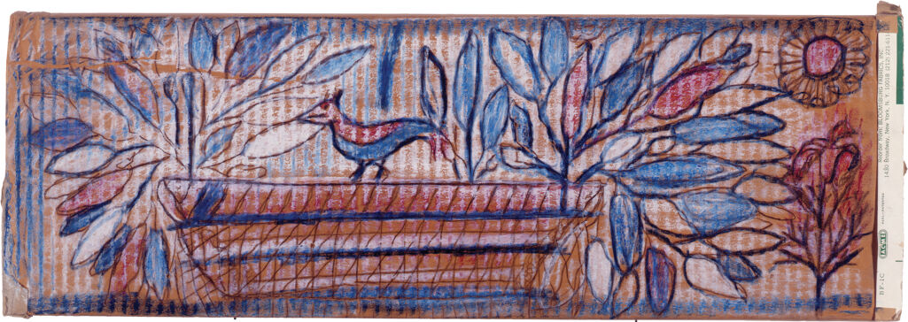 Drawing of a small bird-like animal atop a striped platform in front of two large, leafed plants all colored in blue, red and white.