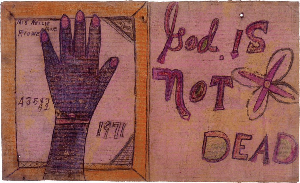Left: dark hand with pink fingernails and bracelets resting above orange picture frame and writing of artist’s name, numbers 4358742 and date 1971; Right: purple-pink “God is Not Dead” with a flower to the right of the word “Not.”