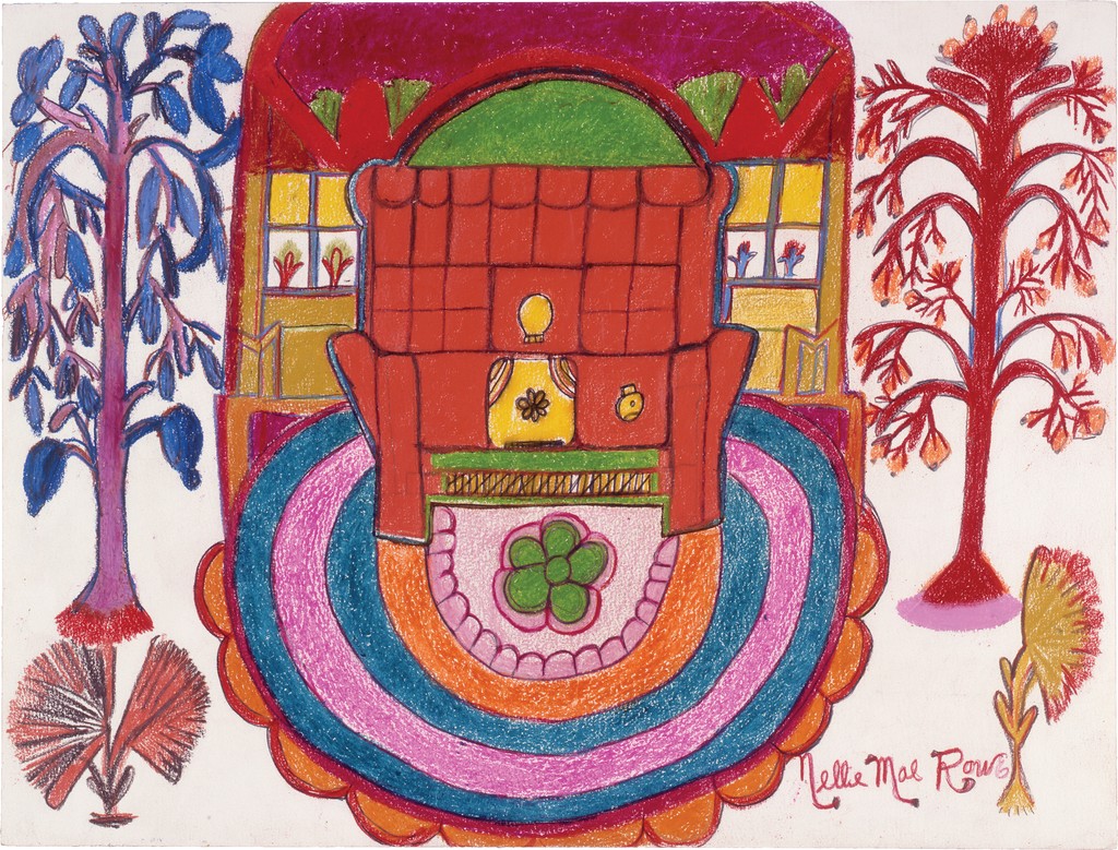 A large red chair sits on an orange, cerulean, and magenta-striped circular area rug framed by a small red house; a magenta and red tree are on opposite sides of the chair.