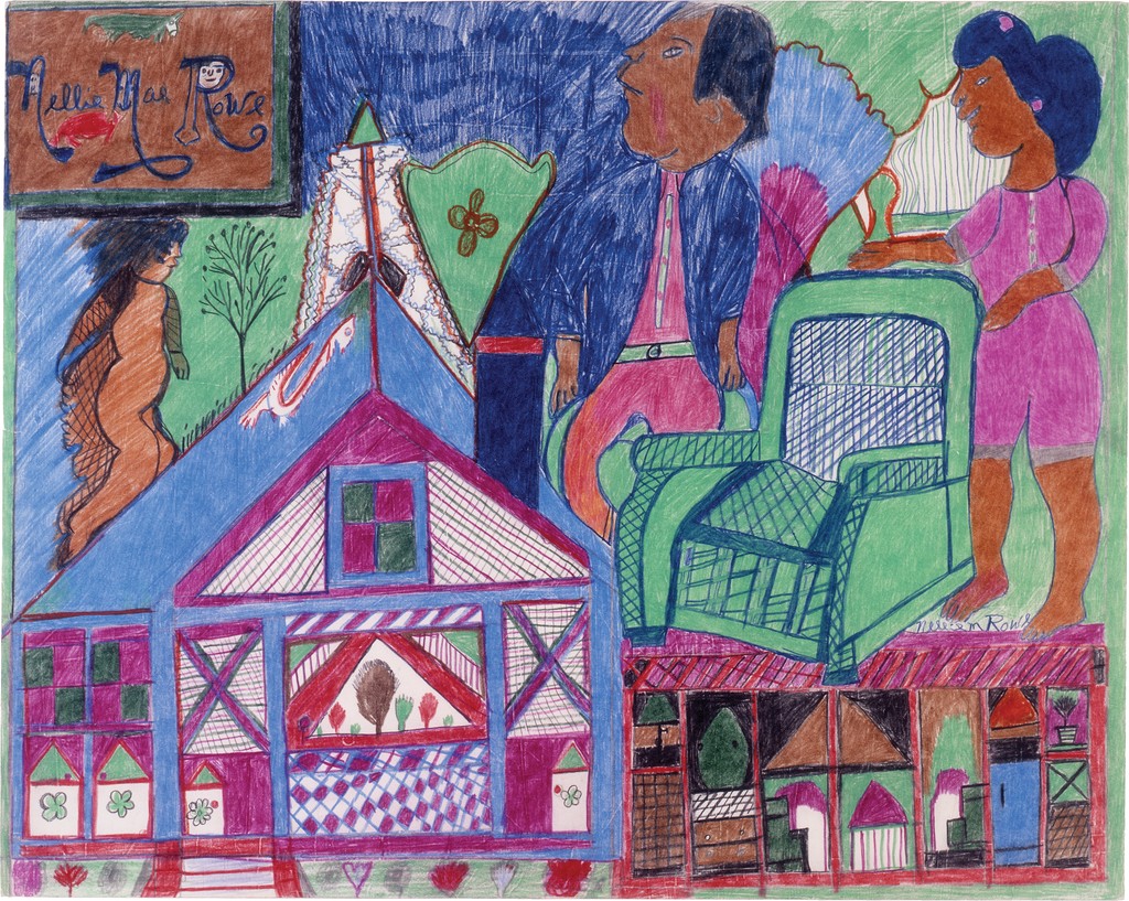 A man and woman surround a large cerulean, magenta, and green accented home; the woman motions to a large green chair with navy cross-hatching.
