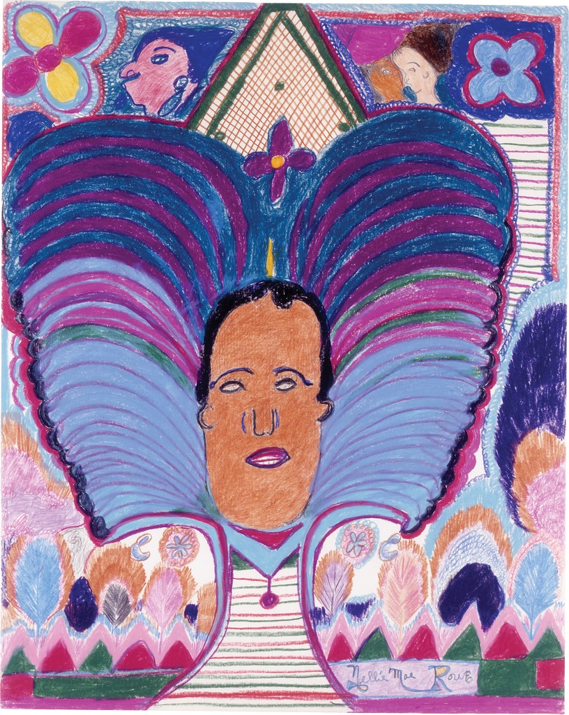 A man’s face is surrounded by an ornate headdress in periwinkle, violet, and navy blue; depictions of trees, flowers, and human faces frame the headdress.