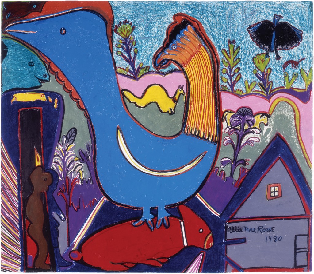 A blue two-headed rooster holds a red creature in its talons; on either side of the rooster are a gray house and two humans emerging from a doorway. Another scene includes plants against a blue sky and a bird flying overhead.