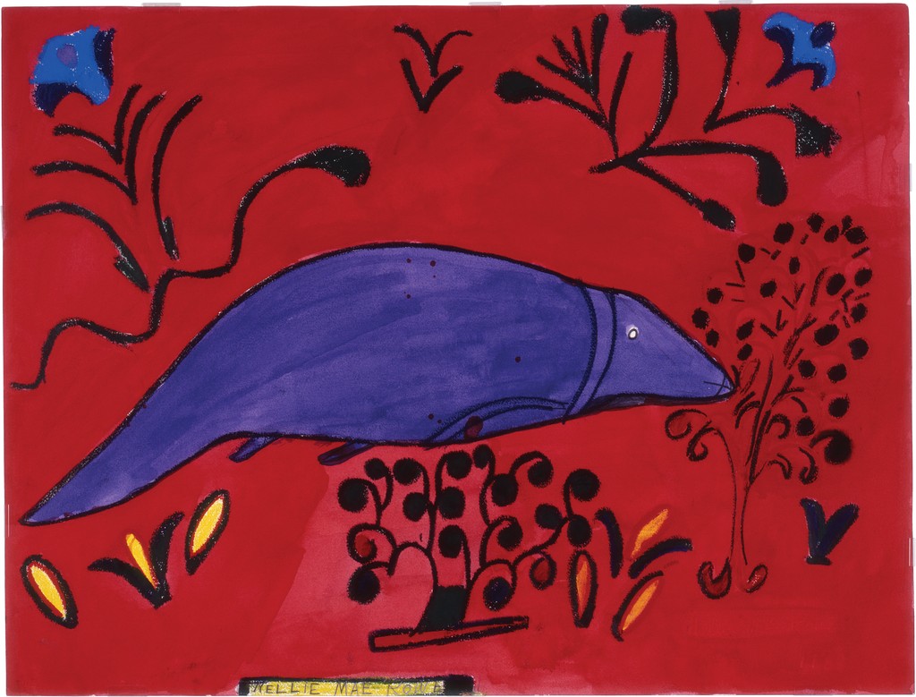 A large purple fish floats within a rich red background surrounded by black plantlike depictions.