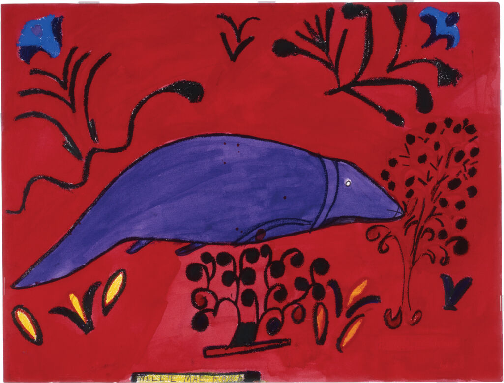 A large purple fish floats within a rich red background surrounded by black plantlike depictions.