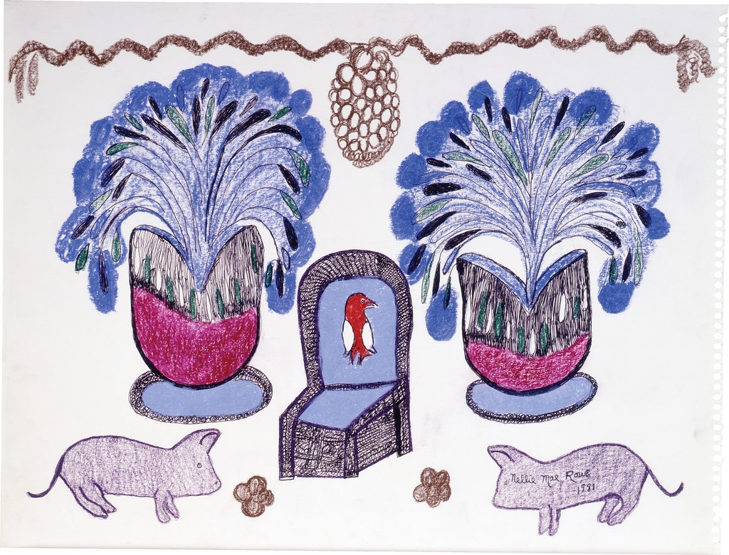A blue chair with a red bird on the backrest is surrounded by two pigs and two blue plants drawn symmetrically on opposite sides of the chair.