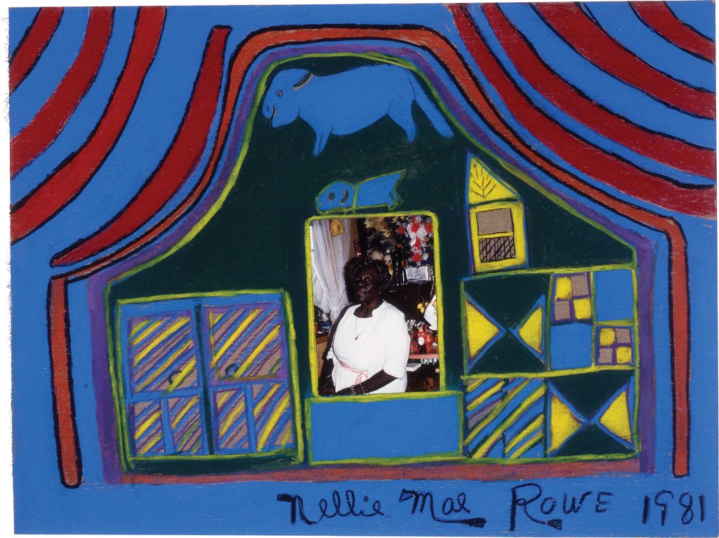 A photograph of Nellie Mae Rowe sitting by a window is framed within a blue crayon-drawn home with yellow and red accents; two blue animals float above the photograph.
