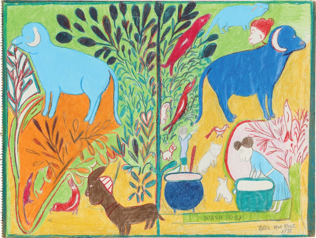 Crayon scene with a green and yellow background, diagonally split, with multiple, colored animals and a woman wearing a blue dress washing clothes in a pot.