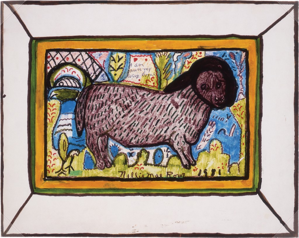 A brown animal with black linear details stands in a grassy setting with blue accents; small text in cursive at the top reads, “I am on my way home.”