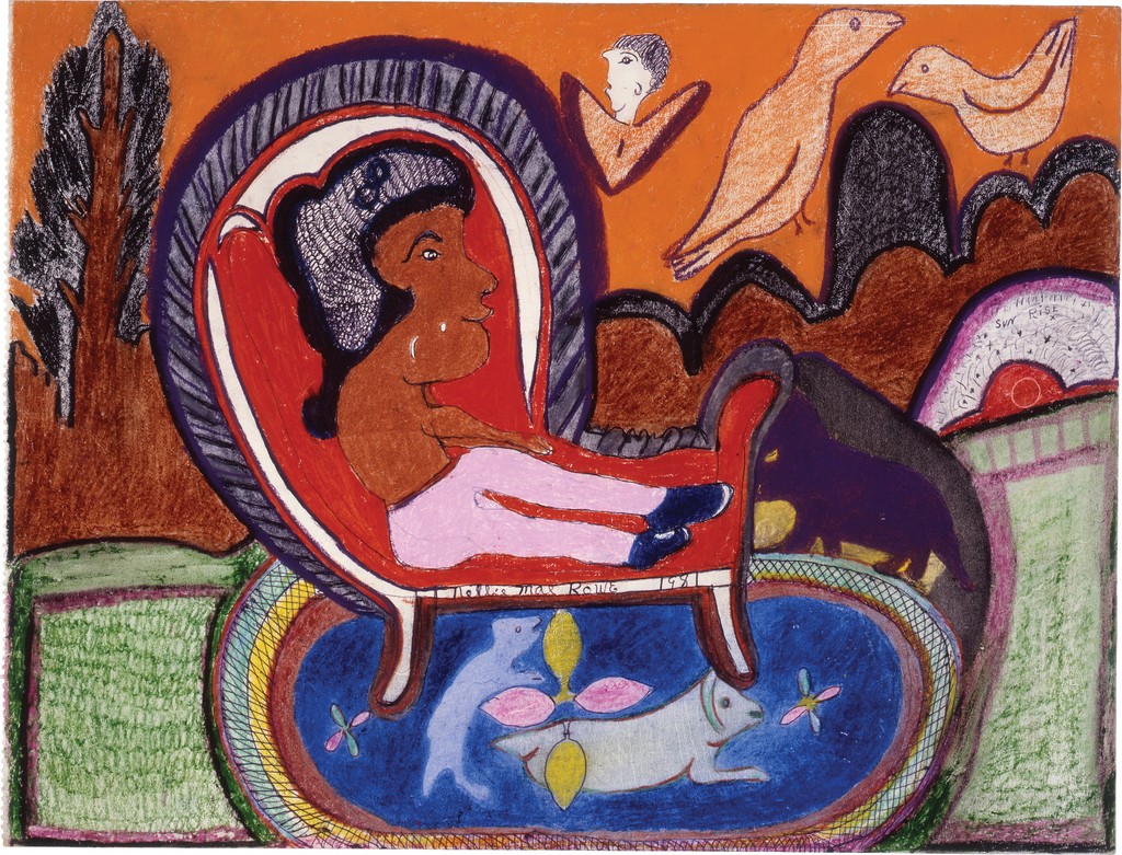 A brown-skinned woman lounges with her legs outstretched on a large red chaise atop a blue area rug; animals lie on the rug and float above the scene against a brown and orange background.