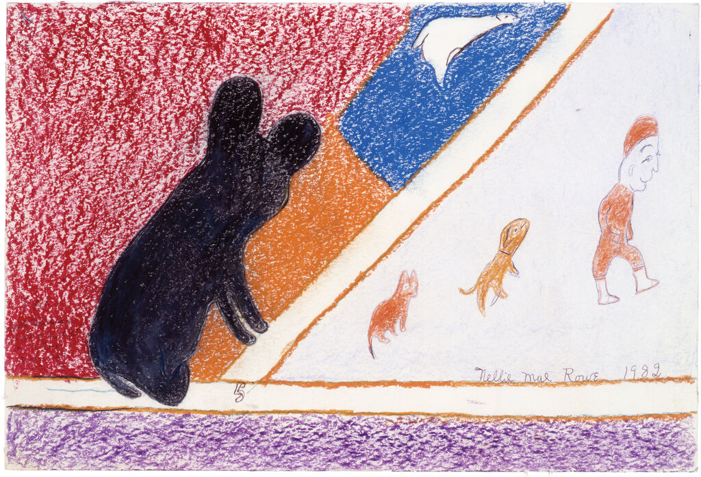 A large brown bearlike creature climbs a diagonal line; below the line are two animals and a human walking off the page.