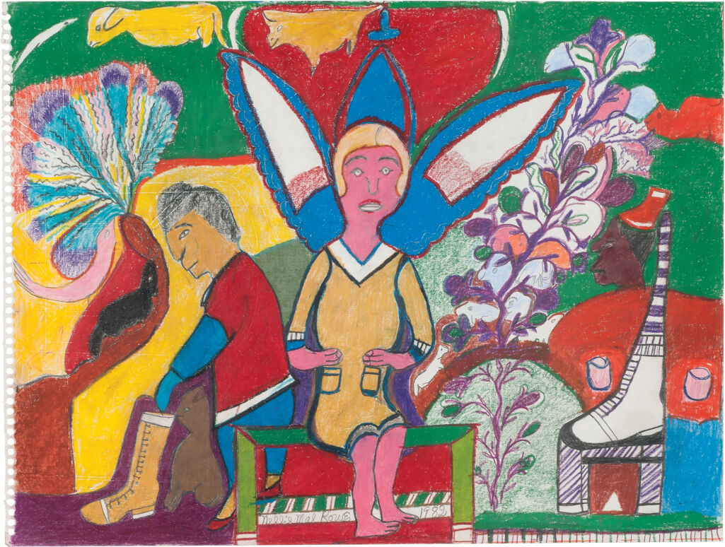 A winged, pink-skinned woman sits on a bench that she shares with a man wearing a red shirt; they are surrounded by various creatures, plants, and shoes on a multicolored background. 