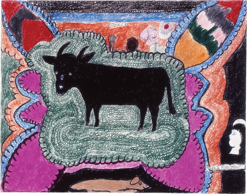 A black bull stands against a background of tight dark green swirls and surrounding colors of pink, blue, orange, and black. Above the bull, partially hidden behind the dark green swirls, a figure, back turned, raises his arm toward the word “Peace.”