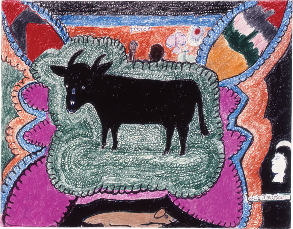 A black bull stands against a background of tight dark green swirls and surrounding colors of pink, blue, orange, and black. Above the bull, partially hidden behind the dark green swirls, a figure, back turned, raises his arm toward the word “Peace.”