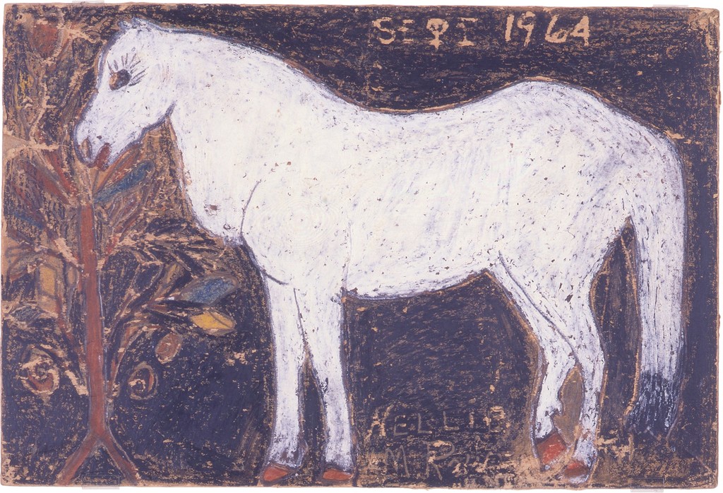 Piece of cardboard with a black background and side profile of large, white horse nearly the width of the drawing; crayon and chalky texture, “SEPT 1964” written at top.