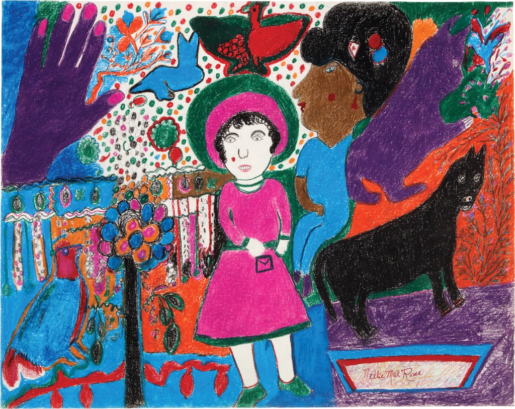 A woman wearing a pink and green dress, hat, and shoes is surrounded by a purple hand with pink fingernails, a seated human figure wearing a blue dress, and several animals against a bright multicolored background.
