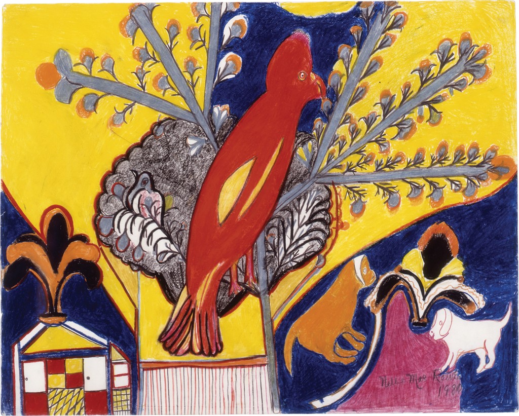 A disproportionately large red bird eats from a gray tree against a yellow background; a small house and two animals are positioned on either side of the tree.