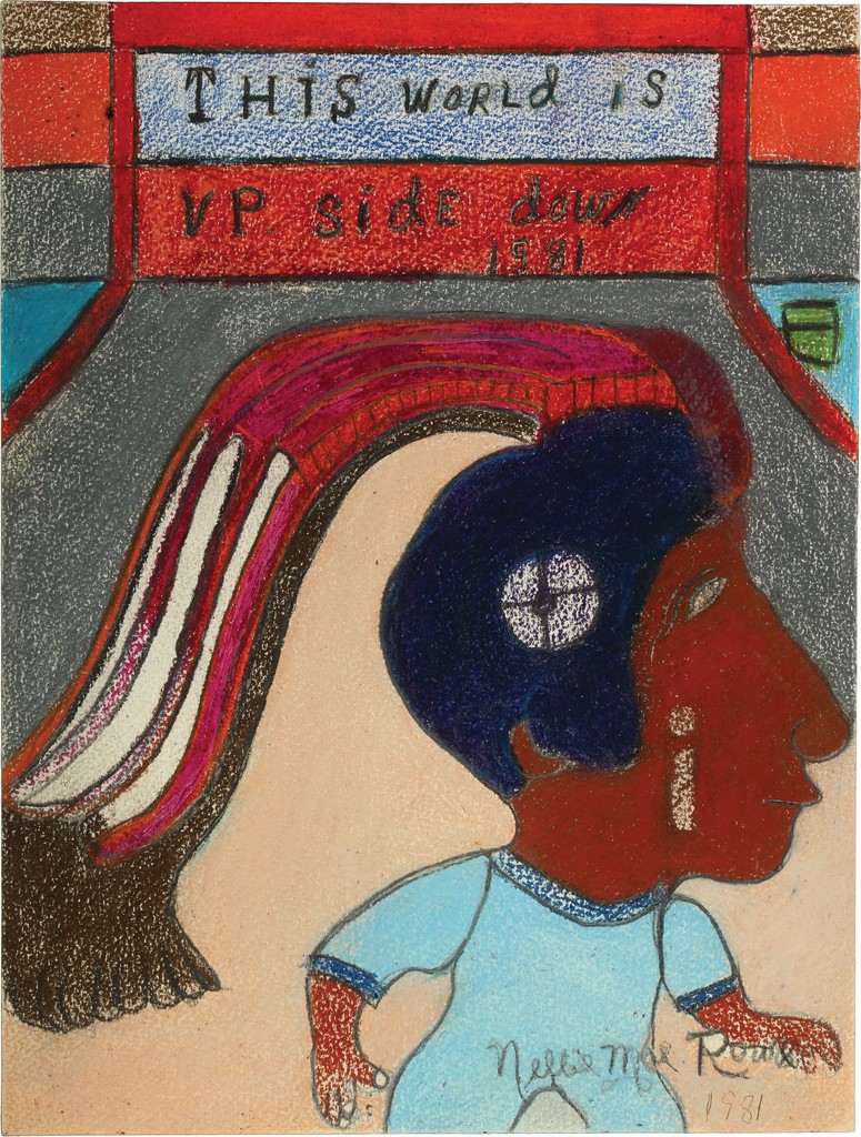 A brown human with a disproportionately large head adorned in a flowing orange and pink headdress walks off the page; “This World is Up Side down” is written above. 