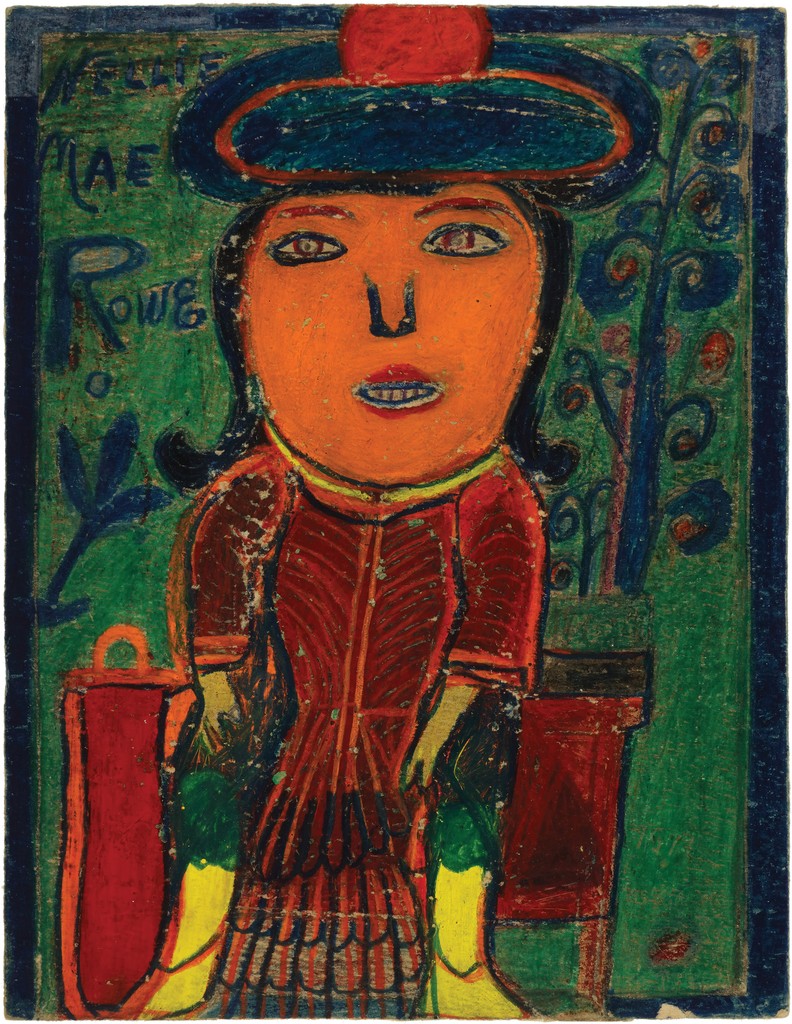 Untitled (My Girl) Crayon drawing of a large-headed woman with orange skin, a deep red dress, and multicolored hat against a forest green background; artist signature in top-left corner.
