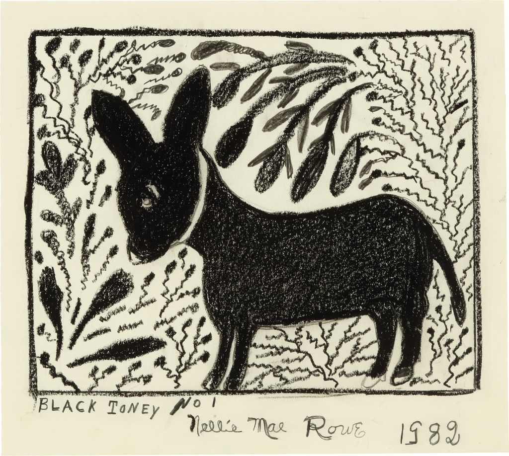 A large crayon-drawn black dog stands with its head downcast among black plants on a white background. 