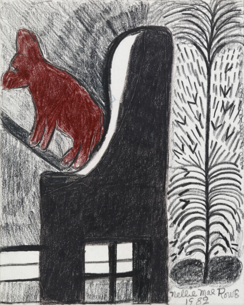 A brown dog sits in a large black chair; a gray-scale tree and shading surround the chair.
