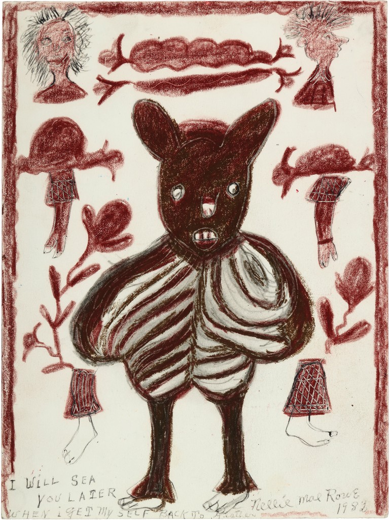 A large brown creature with human feet and a winged torso is surrounded by blood-red crayon-drawn plants and body parts. Text says, “I will see you later when I get myself back together.”