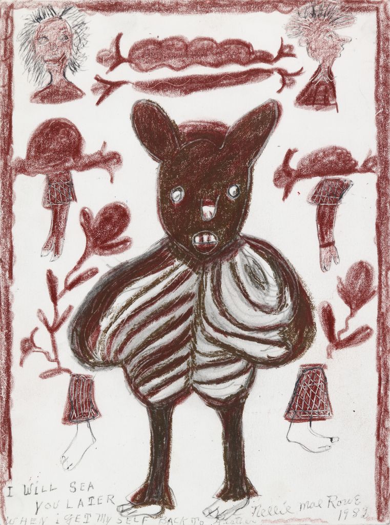 A large brown creature with human feet and a winged torso is surrounded by blood-red crayon-drawn plants and body parts. Text says, “I will see you later when I get myself back together.”