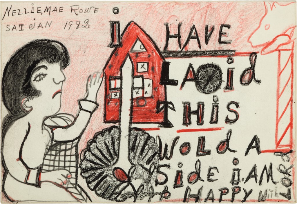 A white woman with black hair motions toward a red house in the distance; text next to the house reads, “i Have Laid This World aside i Am Happy with Lord.