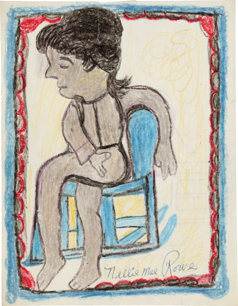 A grayish woman with black hair and outlining sits disjointedly in a blue rocking chair; scalloped red and blue border