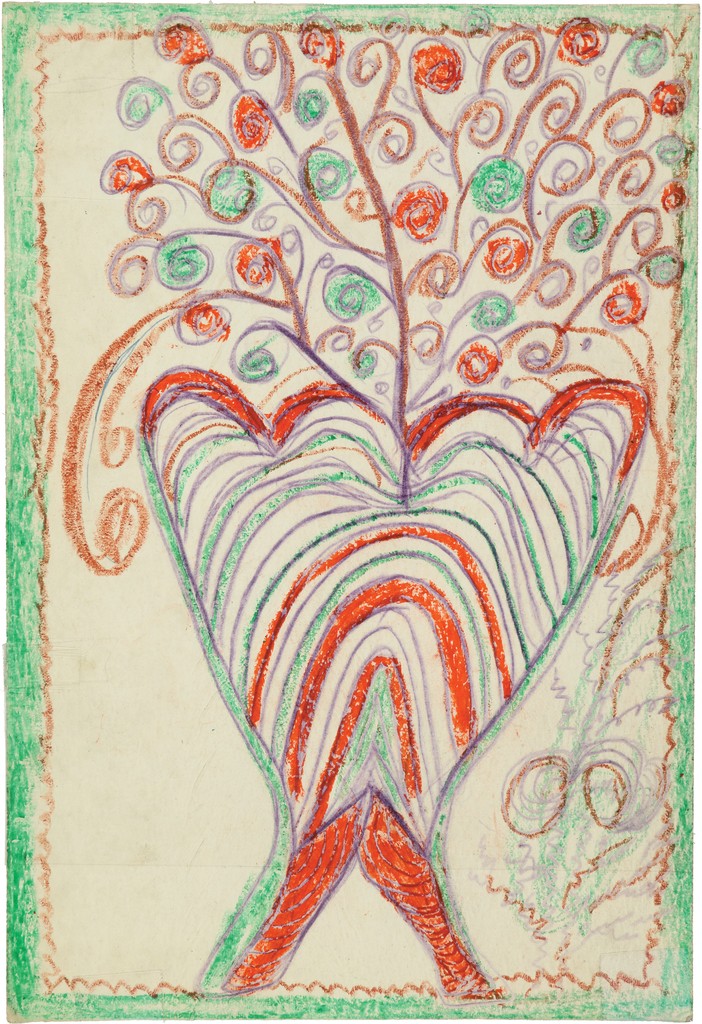 Drawing with green border and large colored pot with white, red, purple, and green that has brown stems sprouting out in curled P-shapes into red and green bulbs.