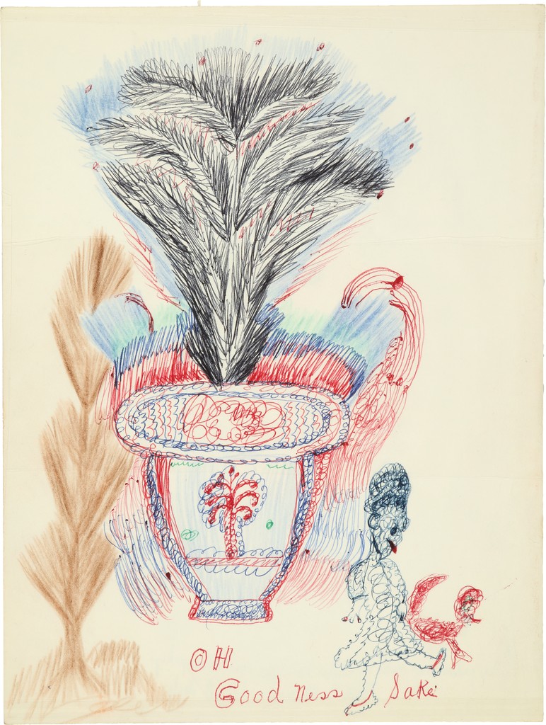 Large pot with feathery lines in red, light and dark blue, and black coming out; a small blue woman and red dog in corner with words “Oh Goodness sake.” 