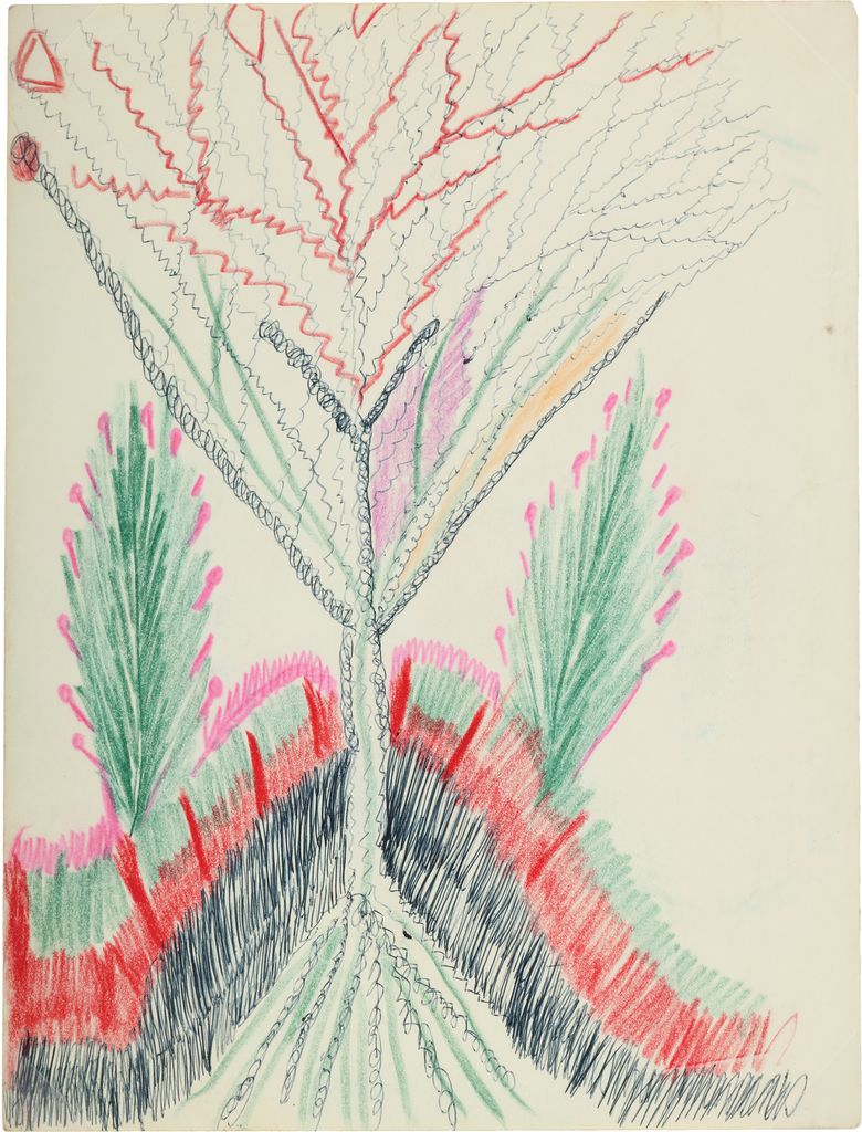 A drawing with short straight lines in black, red, green and pink below a Y-shape of swirled lines. 