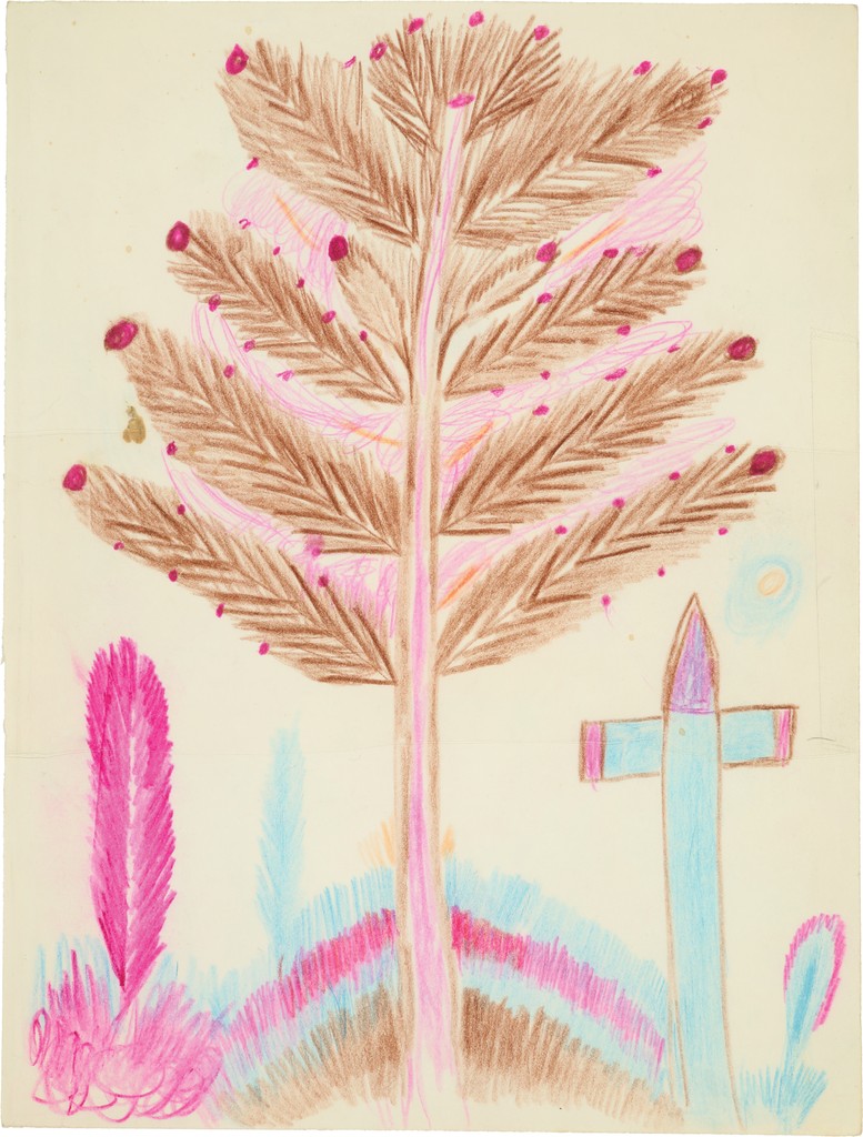 A tall pink and brown tree with angular, V-shaped marks and dark pink circles; a small blue cross in lower right corner.