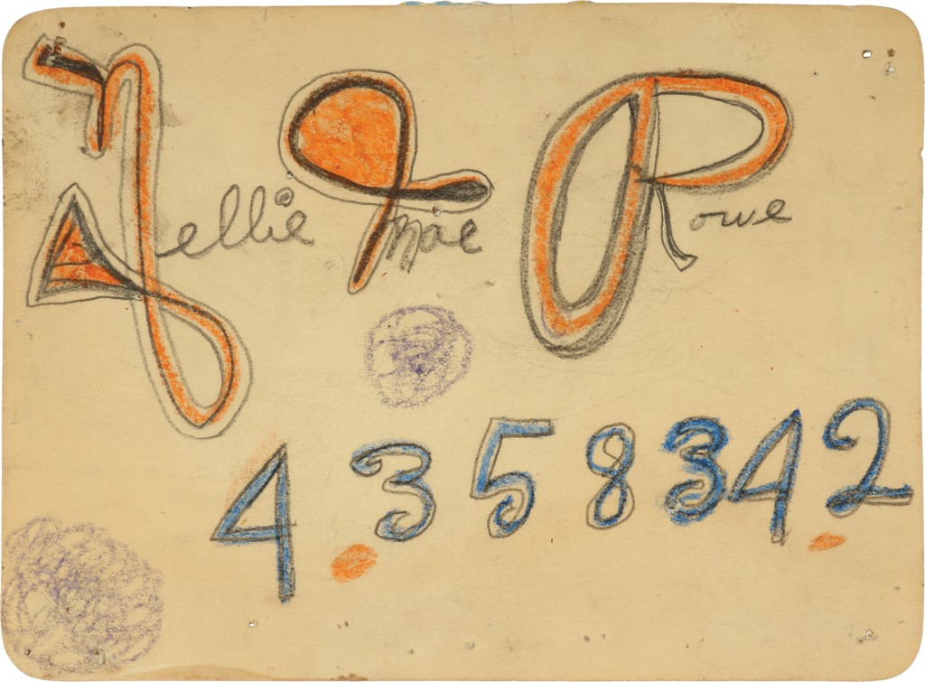 Aged folder divider with two purple colored pencil circles, “Nellie Mae Rowe” written across the top with large, swirled, orange first letters and “4358342” at bottom in blue colored pencil. 
