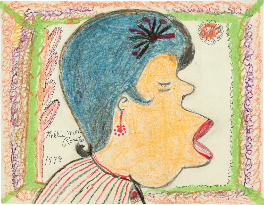 Side profile of figure with yellow skin, bright blue hair with a black and purple clip, a striped red, black and white top, and parted red lips, as if talking.