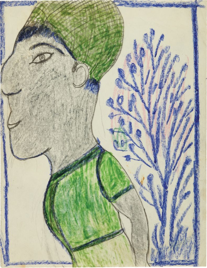 Side profile of figure facing left with grayish skin, an elongated face, a green hat and shirt, and a blue branchy tree on the right.