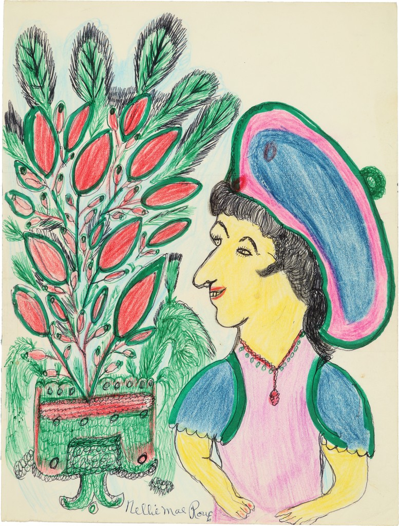 Drawing of a smiling woman with yellow skin, wearing a pink, green, and blue blouse and beret, looking left toward a red and green-leafed plant.
