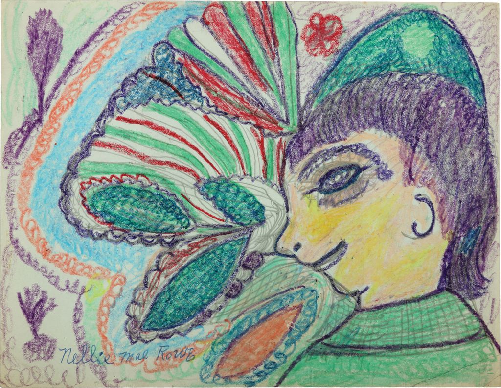 Right-facing side profile of smiling figure with yellow skin and purple hair, with swirling and striped bright coloring next to and behind figure.