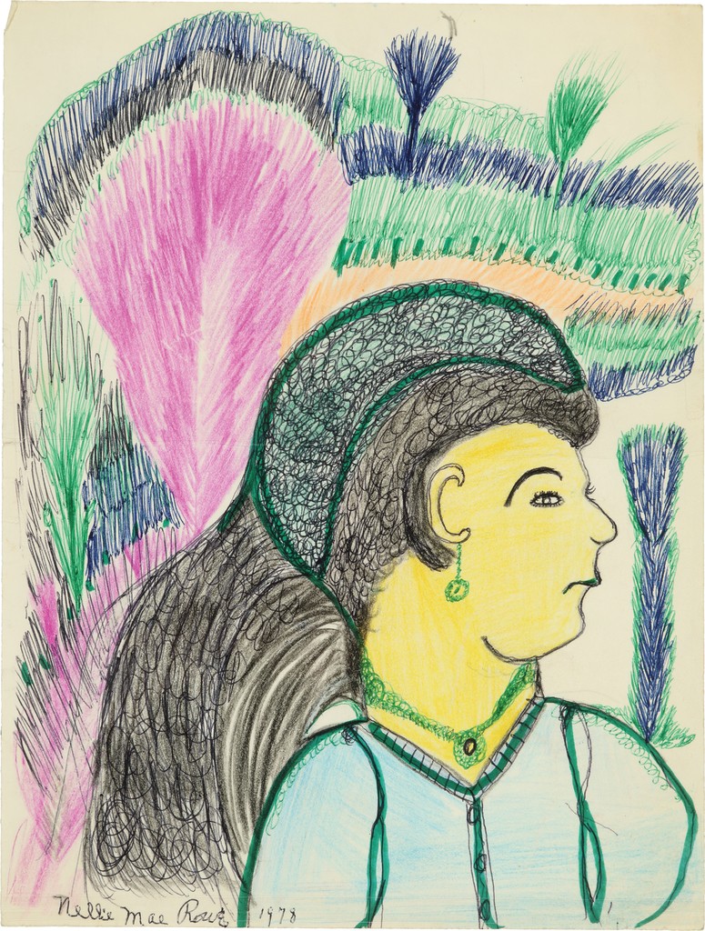 Drawing of a yellow-colored, black-haired woman in a light blue blouse from the chest up with her head facing right; grassy textured blue, green, and pink coloring behind her.