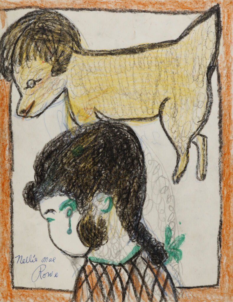 Crayon drawing of a young girl, seen chest-up from behind, with black braids and a yellow dog with black, short-cut hair on its head above her.