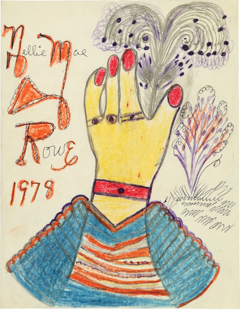 A yellow hand with four fingers and red nail polish, a red bracelet, and blue and orange V-shaped sleeve, with the artist’s signature in orange to the left.