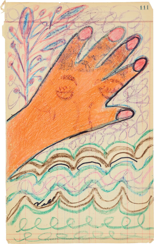 Untitled (Orange Hand with Face) Crayon drawing of an orange wrist and hand with pink fingernails outlined in black marker, surrounded by swirling and waved green and purple lines.