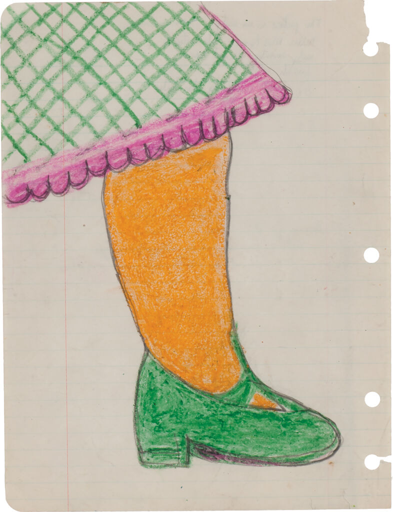 An orange leg with the knee covered by a green and white plaid skirt with pink, scalloped hem in upper left corner, wearing a green heeled shoe.