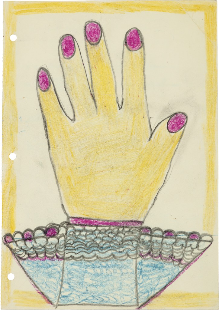 A close-up drawing of a centered yellow hand with purple-pink nails, outlined in black, wearing a skinny purple bracelet and blue frilly sleeve.