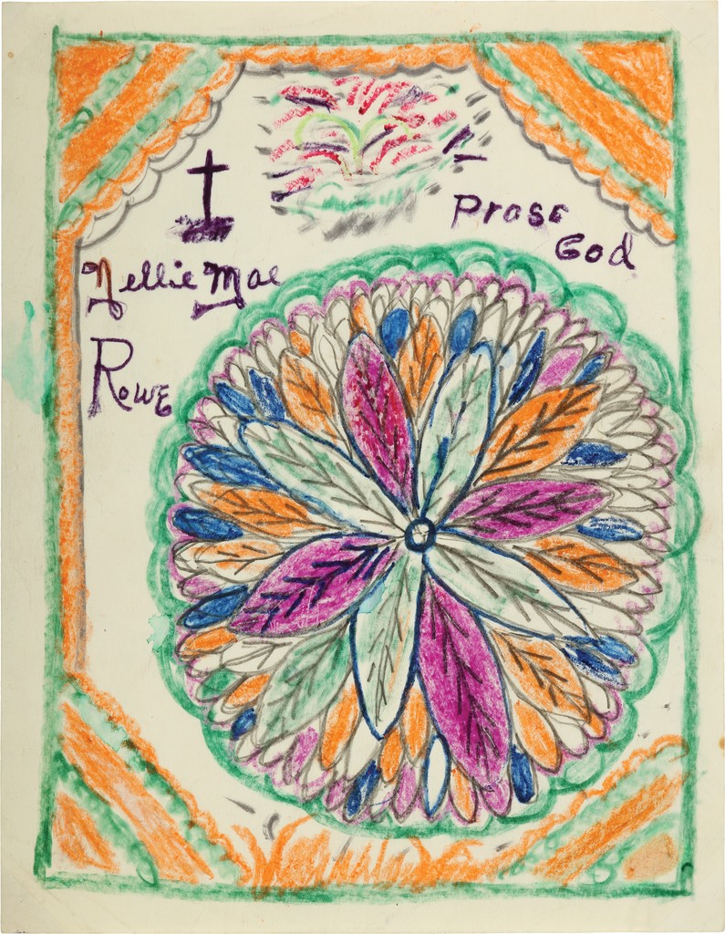 Orange and green bordered drawing of a multi-layered flower with purple, light green, orange and blue petals; small purple cross with artist’s signature and “Prase God” in purple above flower.
