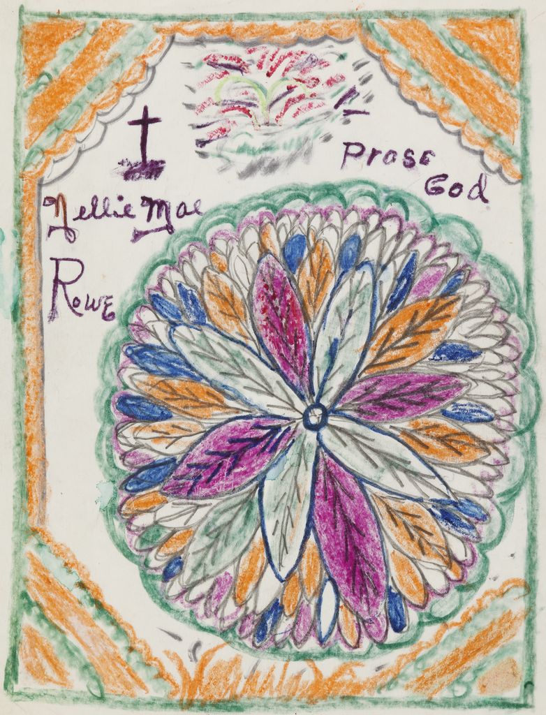 Orange and green bordered drawing of a multi-layered flower with purple, light green, orange and blue petals; small purple cross with artist’s signature and “Prase God” in purple above flower.