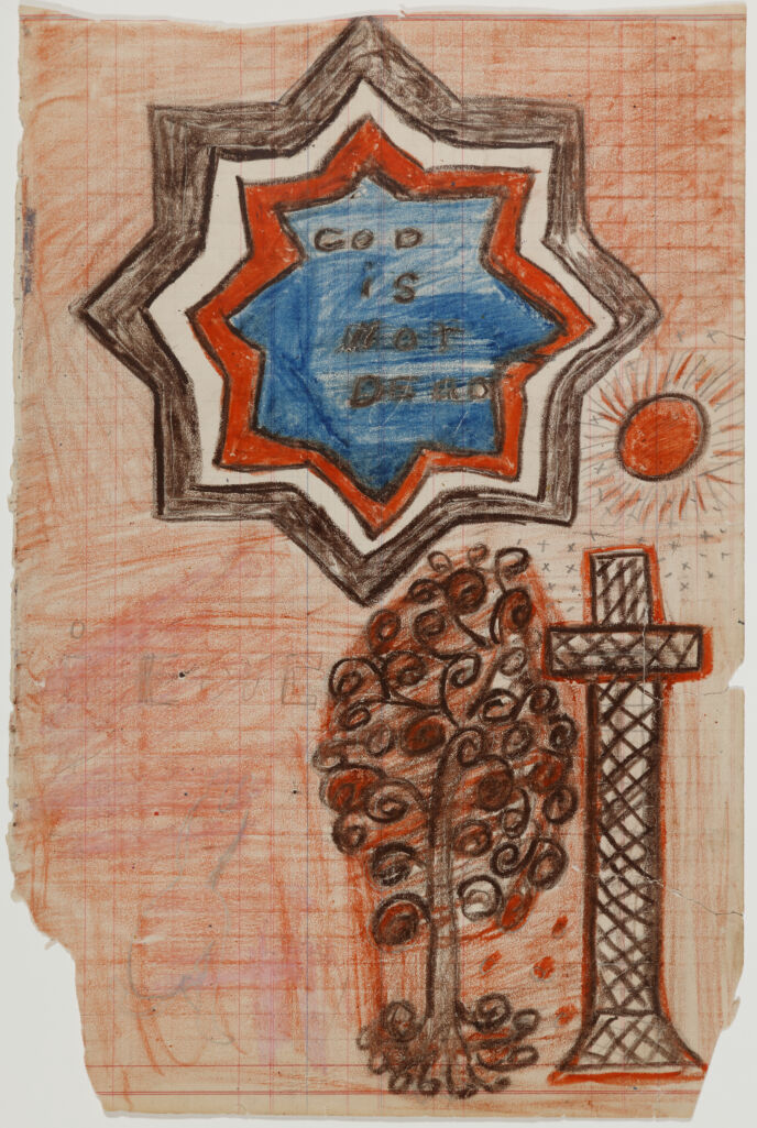 Drawing of four nested, eight-sided stars in brown, white, red, and blue with “God is not dead” written in center, a brown tree and cross figure below in right corner.