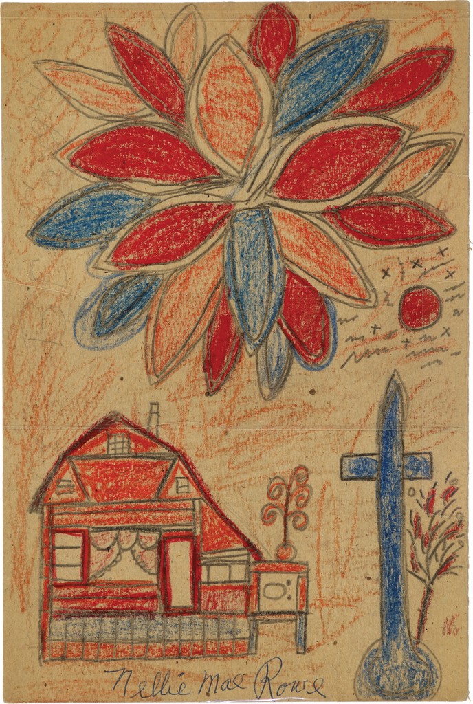 Drawing on cardboard of a large flower with red and blue petals, with a red barn and blue cross below. 